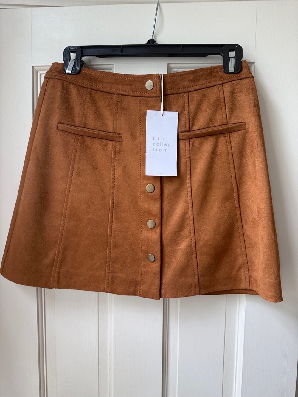 Zara Cognac Faux Suede Button-Front A-Line Skirt - Picture 1 of 4